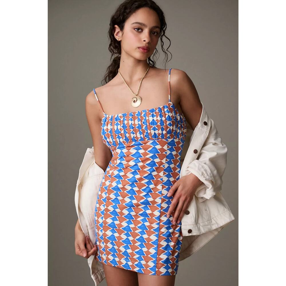 NWT Anthropologie Maeve Ophelia Linen Slim Mini Dress |‎ Blue Brown | SZ 16W